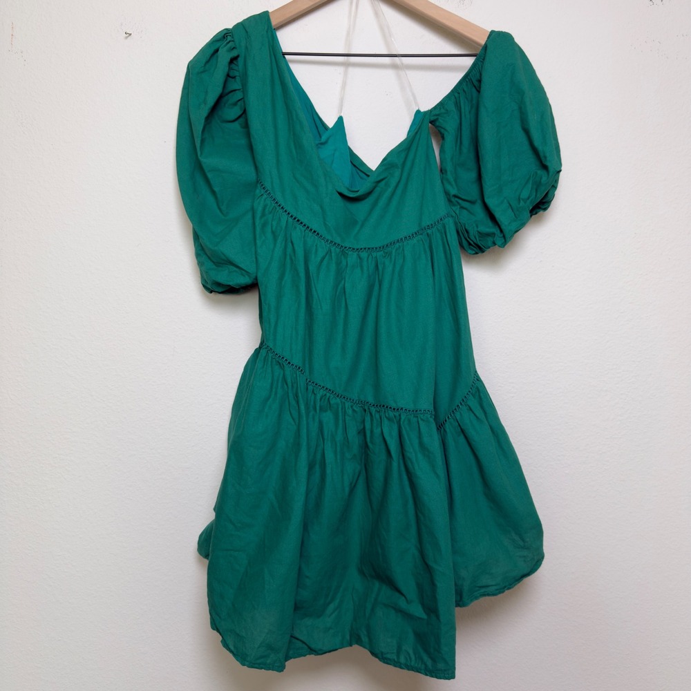Showpo Women Cotton Linen Dress 8 Green One Shoulder Preppy Garden Tiered Mini - Picture 7 of 7